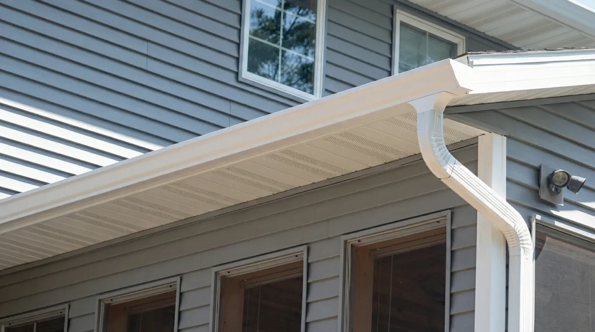 Professional home remodeling project showing newly installed white seamless gutters and downspouts on a house with gray siding in Hialeah, FL