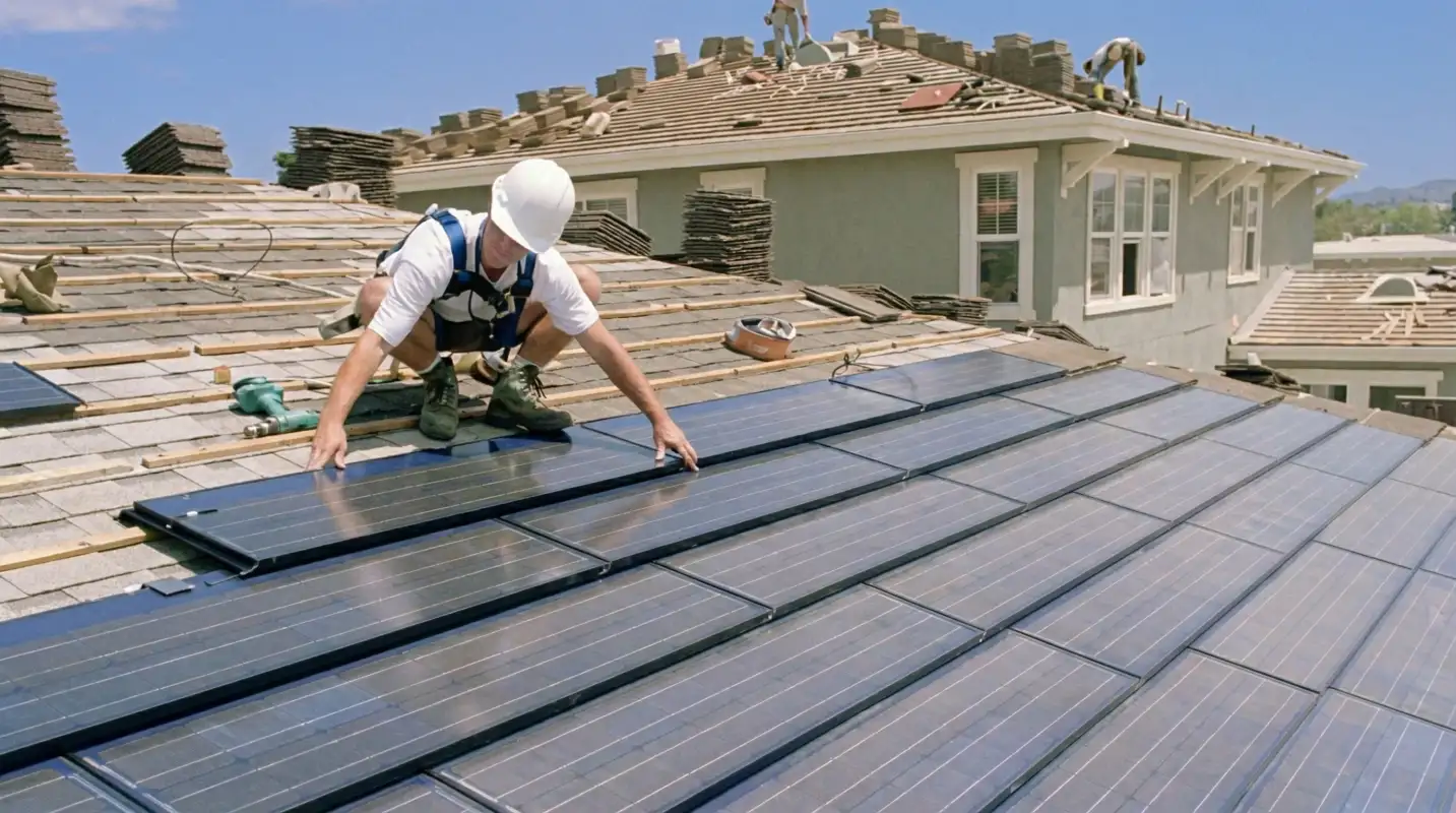 Roof replacement expert installing modern solar shingles on a residential home in Hialeah, FL