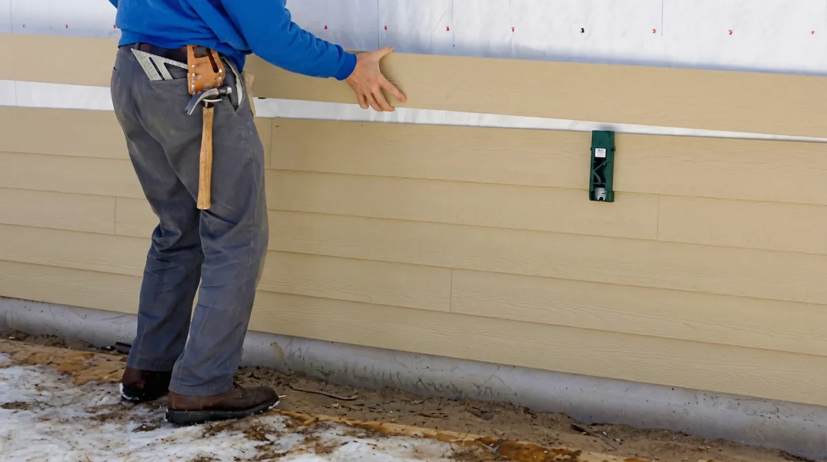 Siding replacement expert carefully aligning a new tan siding panel onto a residential exterior wall in Hialeah, FL