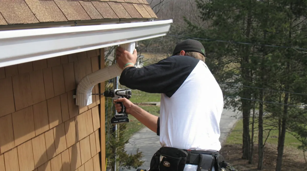 Professional contractor installing tan vinyl siding panels on a residential home exterior in Hialeah, FL