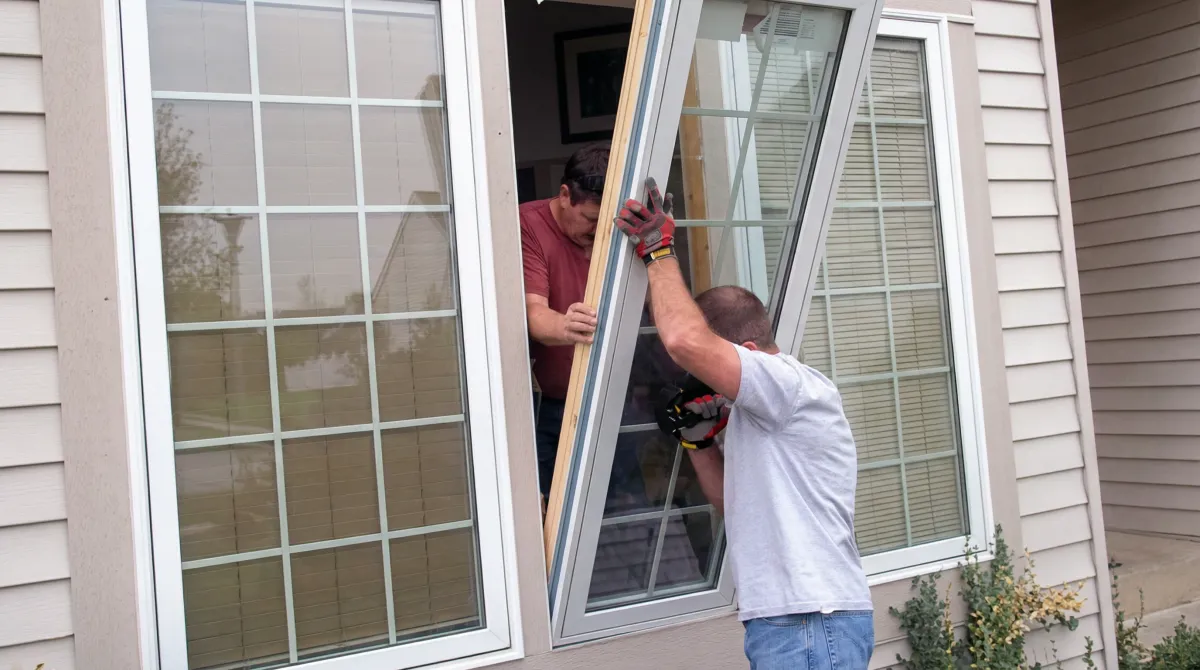 Professional home remodeling team installing a large replacement window on a house with tan siding in Hialeah, FL